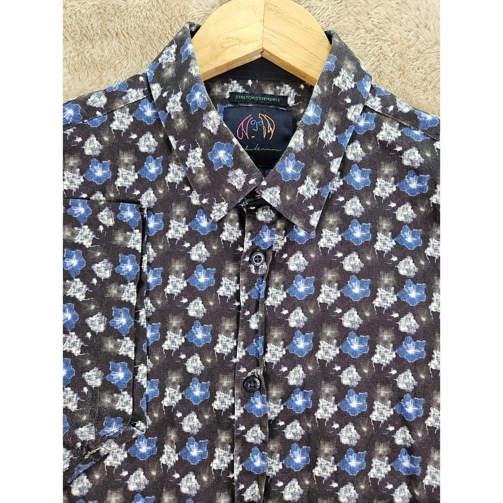 John Lennon Button-down Shirt Stretch Blue White Floral Mosaic Pattern